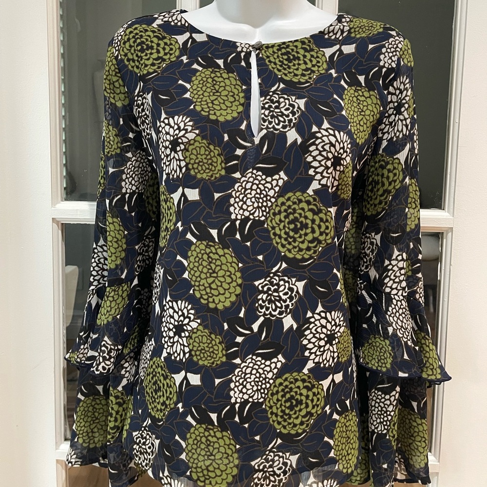 ANN TAYLOR FACTORY Navy Blue, Black, White, and Green Long Sleeve Floral Blouse